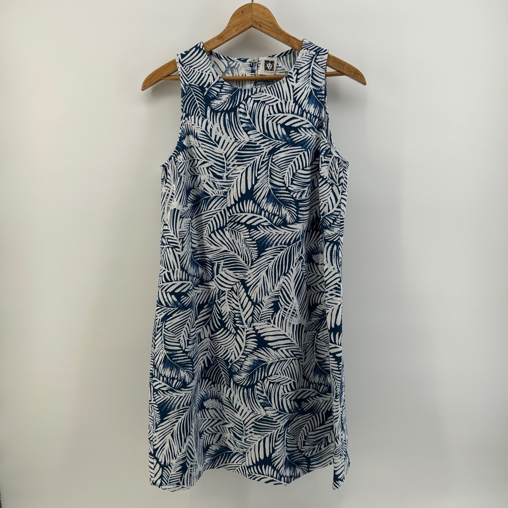 Anne Klein Blue White Tropical Palm Leaf Print Sleeveless Shift Dress Size 4